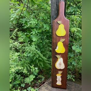Vintage Wooden Paddle Wall Hanging with Wooden Yellow Pear Eating Decoration!